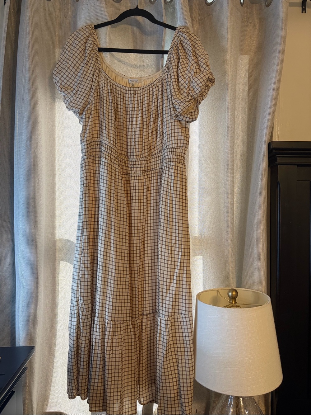 Angels Cream and Brown Checked Midi Dress
